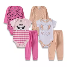 Kit 6 Peças Calça Body Bodie Blusa Nenem Bebe Feminino Rn