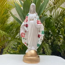 Nossa Senhora Das Graças Decorada Gesso 34cm Flor Vermelha