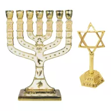 2 Enfeites: Menorah Candelabro Branco/ouro + Estrela De Davi