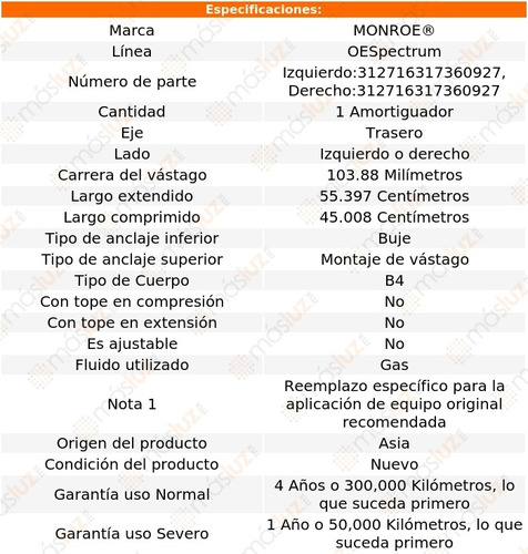 (1) Amortiguador Tra Oespectrum Gas Der O Izq Rdx 07/12 Foto 2