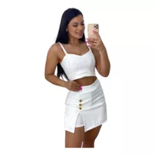 Conjunto Carina Cropped Alcinha E Short Saia Detalhes Botões