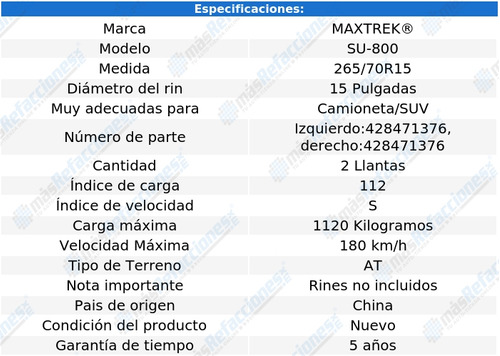 Paquete Con 2 Llantas 265/70r15 112s Maxtrek Su-800 Foto 2