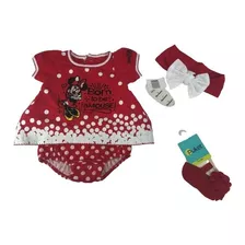 Conjunto Disney Minnie Bebê Algodão Com Laço E Meias.