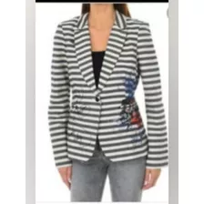 Saco Corto Blazer Desigual Rayado Azul Blanco Tela Rustica G