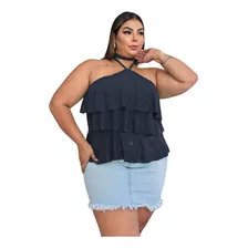 Bata Blusa Cropped Amarrar Camadas Babados Plus Size Verão