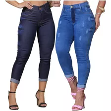 Kit 2 Calça Jeans Capri Corsario Cós Alto C/ Lycra Elastano 