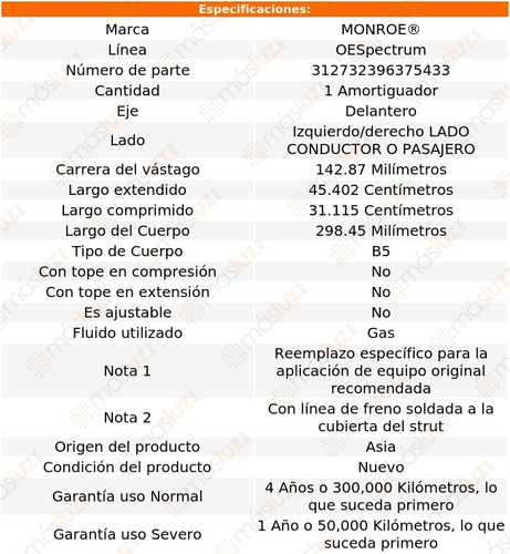 1) Amortiguador Oespectrum Gas Izq/der Del Metro 92 Monroe Foto 3