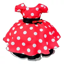 Vestido Infantil Minnie Vermelho Bolas Brancas E Cinto Preto