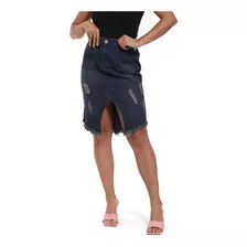 Saia Jeans Midi Feminina Cintura Alta Desfiada Com Fenda