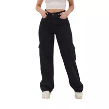 Calça Pantalona Feminina Wide Leg Cargo Preta Moda Casual