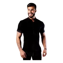 Camisa Social Gola Padre De Linho Manga Curta Luxo 