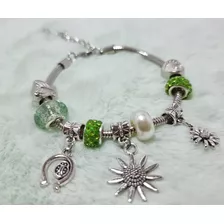 Pulsera Estilo Girasol, Perla, Charm Verde Para Mujer