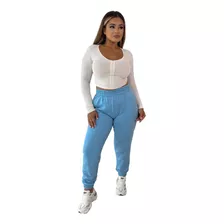 Calça Moletom Cintura Alta Flanelada Tendência Moda Inverno