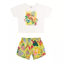 Conjunto Infantil Blusa Short Folhagem Cores Animais Verão