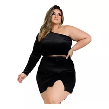 Plus Size - Conjunto De Saia Fenda C/ Cropped 1 Manga Veludo