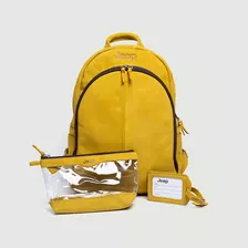 Mochila De Couro Feminina - Amarelo + Tag + Necessaire