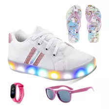 Tênis Casual Feminino Led Glitter+chinelo+óculos+relógio