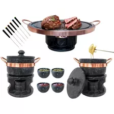 Fondue 32cm Pedra Sabão + 2 De 500ml + 6 Garfos + 4 Tigelas