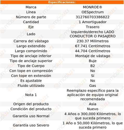 1) Amortiguador Oespectrum Gas Izq/der Tras Sx4 07/13 Monroe Foto 3