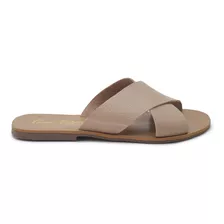 Rasteira Feminina Flat Tiras Cruzadas Prata Nude Caramelo 