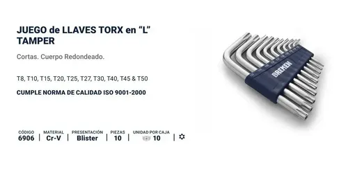 Juego Llaves Torx Cortas Bremen 10 Pz T8 A T50 Herramientas Cod. 6906 Dgm Gris