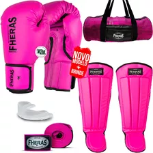 Kit Muay Thai Luva Caneleira Bolsa Bandagem Bucal Rosa 14oz