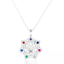 Colar Com Pingente Flor De Lotus 7 Chakras Em Prata 925