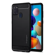 Estuche Funda Protectora Spigen Rugged Armor Samsung Galaxy A21s | Color Negro | Acabados Premium | Fibra De Carbono | Agarre Mejorado | Ajuste Perfecto