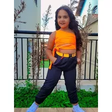 Conjunto Infantil Calça Croped Preto Estiloso Com Corrente