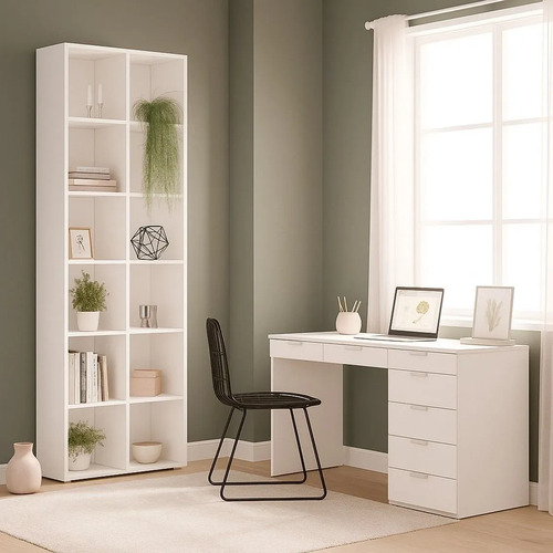 Conjunto 2 Peças Escrivaninha 120 Cm 7 Gavetas Com Ag Branco