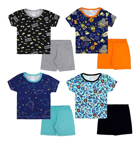 Kit 4 Pijamas Infantil Menino Menina Short Camiseta Atacado