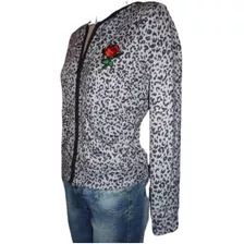 Campera Animal Print Capucha Bordado Bolsilo Canguro Lanilla