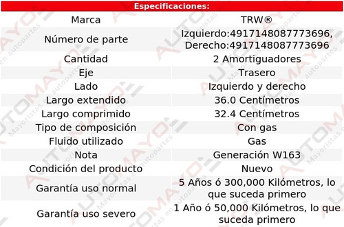 2) Amortiguadores Gas Traseros Trw Ml430 1998-2001 Foto 2