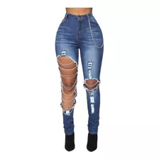 Calças Jeans Com Pingente De Corrente Rasgada Assimétrica