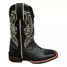 Bota Texana Feminina Couro Legitimo Preto Bordado Verde Aguá