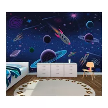 Papel De Parede Infantil Adesivo Céu Estrelas 3,20x2,54m Planetas Foguete Galáxia Decoração Quarto Criança M13