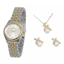 Relógio Champion Feminino Com Kit Colar E Brincos Ch25972c Cor Da Correia Prata/dourado Cor Do Bisel Dourado