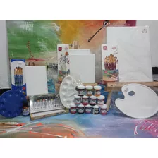 Kit De Caballetes Con Su Lienzo,pinturas, Paleta Y Pinceles 