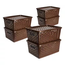 Set X6 Cajas Organizadoras Con Tapa Canasta Mimbre Plástico 