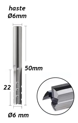 Fresa Metal Duro 6mm X 22 X Haste 6mm P/ Cnc Router 3 Cortes