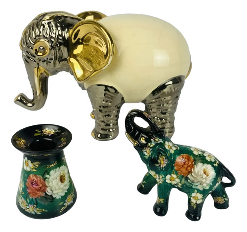 Elefantes Decorativos E Porta Vela Cerâmica Vintage. Bege 1