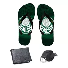 Kit Chinelo Palmeiras Carteira Ultra Fina E Cinto Masculino