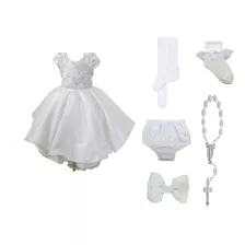 Kit Vestido De Batizado Menina Bebe Branco + Acessorios Luxo