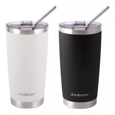 Redlemon Vaso Térmico Doble Pared De Acero Inoxidable 600 Ml (2 Piezas). Termo Para Agua Y Café Con Tapa Hermética. Taza Mantiene Tu Bebida Caliente 4 Horas Y Fría 6 Horas. Incluye Popotes Y Limpiador