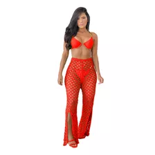 Calça Saida De Praia Tricot Croche Cintura Alta Fenda Verão