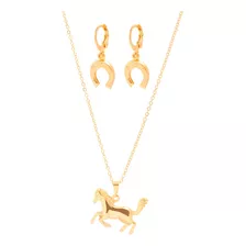 Conjunto Colar E Brinco Pingente Cavalo Folheado A Ouro 18k