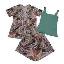 Conjunto Feminino Kimono Estampado + Short + Blusa, 3 Peças