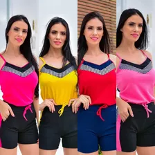 Conjunto Feminino Blusa Xadrez Shorts Kit 3 Conjuntos M,g,gg