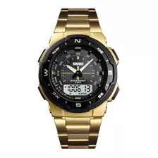 Reloj De Pulsera Skmei 1370 De Cuerpo Color Dorado, Analógico-digital, Para Hombre, Fondo Negro Y Gris, Con Correa De Acero Inoxidable Color Dorado, Agujas Color Plata Y Negro, Dial Negro Y Dorado, Mi