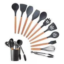 Jogo 12 Utensilios Cozinha Gourmet Em Silicone Cabo Madeira